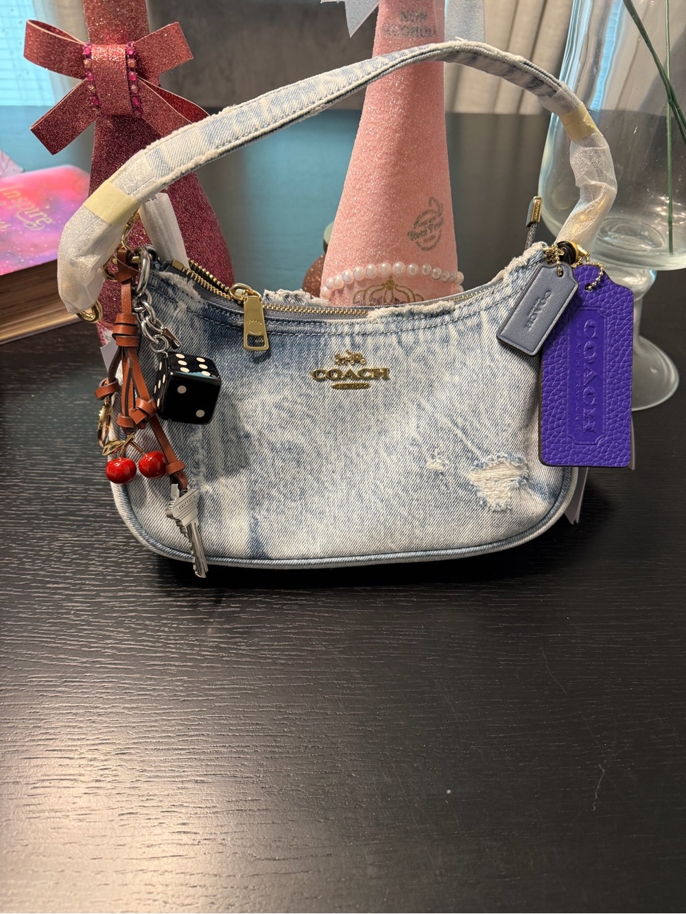 COACH Light Blue Denim Mini Shoulder Bag with Purple Tag